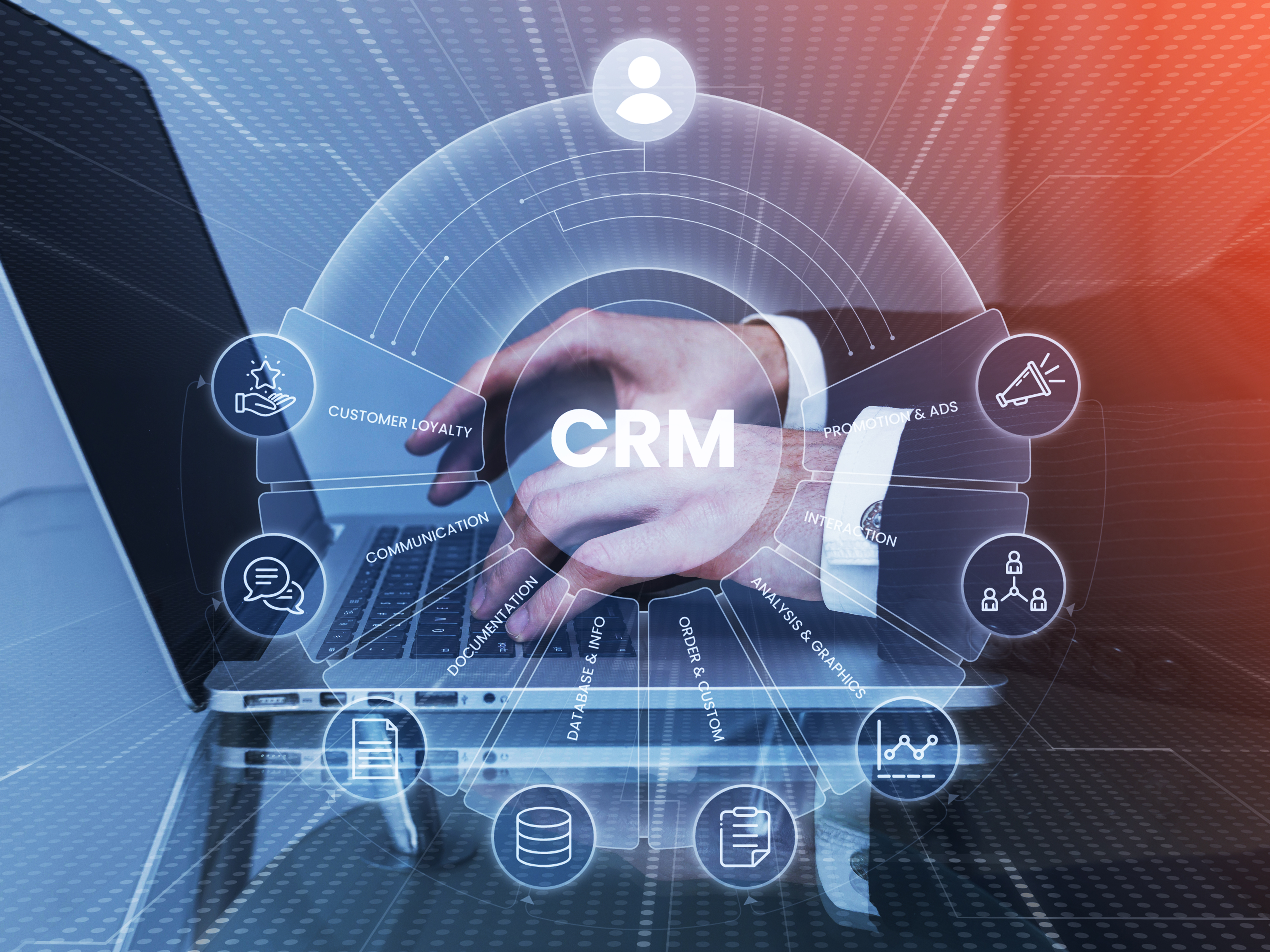 Business professional using CRM software to manage customer data, marketing automation, lead tracking, and customer relationships.
