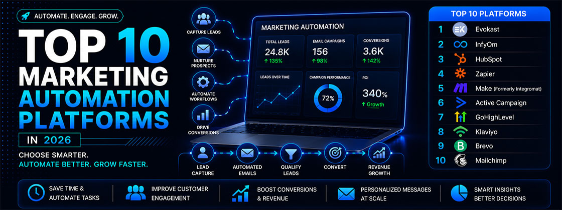 Top 10 marketing automation platforms in 2026 comparing AI automation, CRM integration, email marketing, and lead generation tools