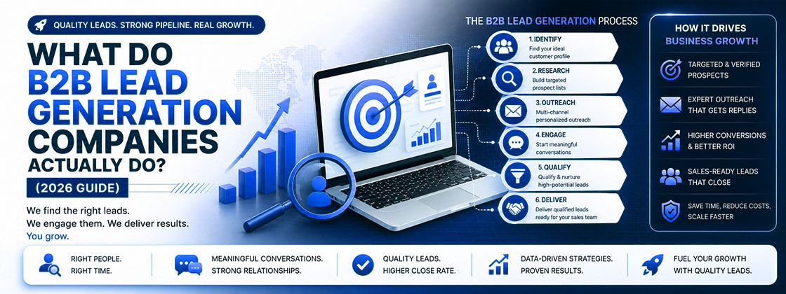 What B2B lead generation companies do to generate qualified leads, prospect outreach, and business growth for B2B companies