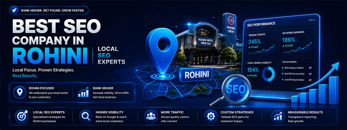 SEO performance dashboard with Rohini map location, local search metrics, keyword rankings, and growth chart