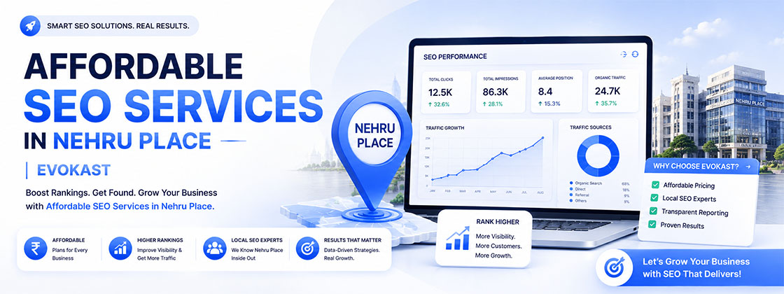 SEO performance dashboard showing traffic, clicks, impressions, rankings, and local search growth for Nehru Place