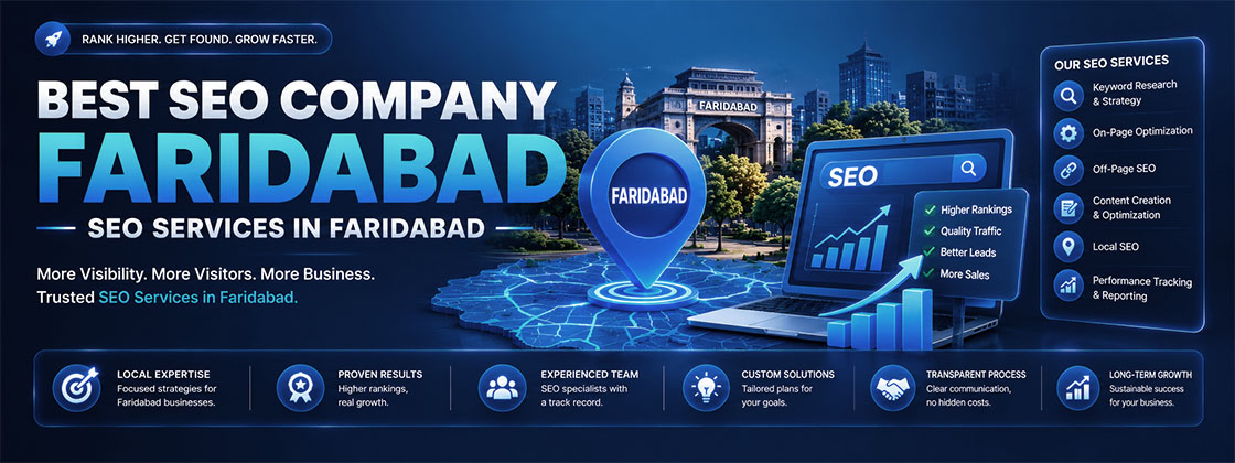 SEO dashboard with Faridabad location map, search visibility metrics, keyword rankings, and growth chart