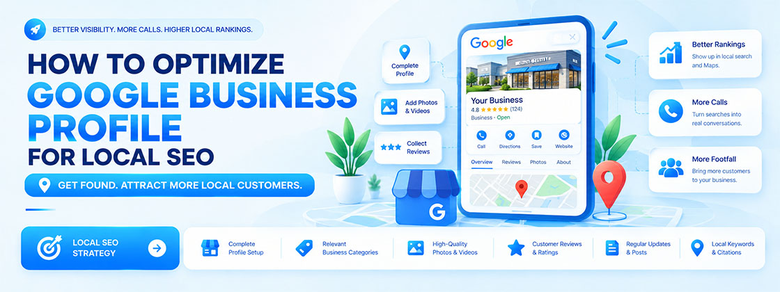 Google Business Profile optimization for local SEO with business listings, customer reviews, map directions, and profile updates