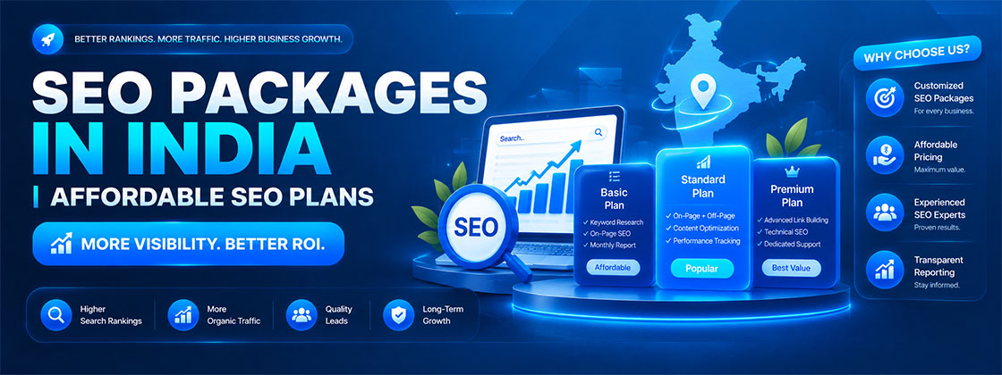 SEO packages in India featuring basic, standard, and premium plans with keyword research, on-page optimization, link building, and performance tracking